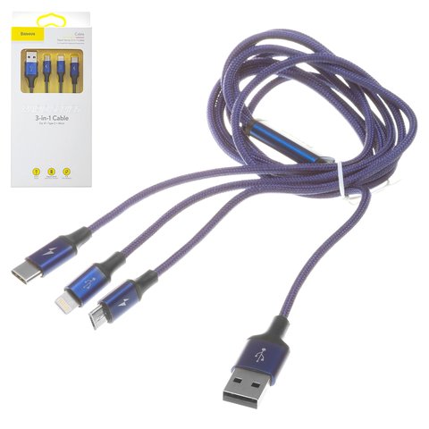 USB кабель Baseus Rapid Series, USB тип C, USB тип A, micro USB тип B, Lightning, 120 см, 3 A, синій, #CAMLT SU13