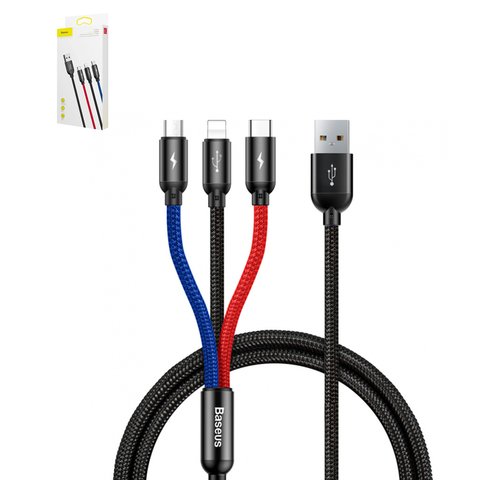 USB кабель Baseus Three Primary Colors, USB тип C, USB тип A, micro USB тип B, Lightning, 120 см, 3,5 А, чорний, #CAMLT BSY01