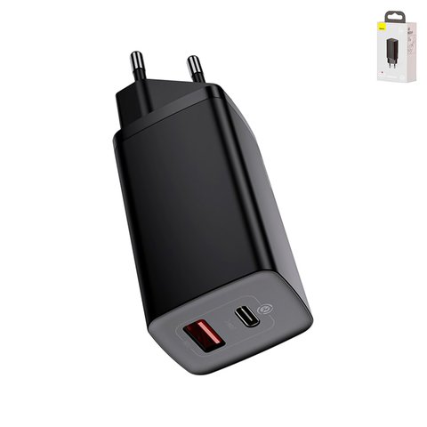 Мережевий зарядний пристрій Baseus GaN2 Lite, 65 Вт, Quick Charge, чорний, 2 порта, #CCGAN2L B01