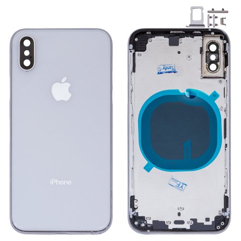 Housing compatible with iPhone XS, silver, with SIM card holders, with side buttons, silver 