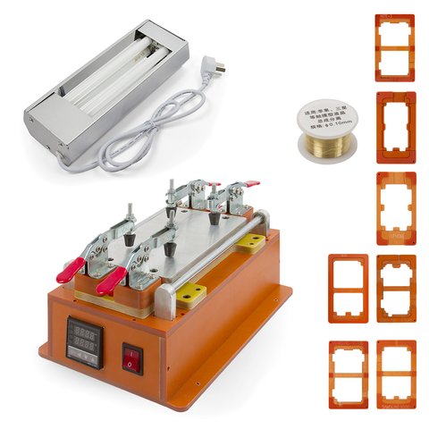 Juego de herramientas para reperar el módulo de pantalla AS 1 puede usarse con Apple iPhone 4, iPhone 4S, iPhone 5, iPhone 5C, iPhone 5S, iPhone SE; Samsung G900F Galaxy S5, G900H Galaxy S5, I9300 Galaxy S3, I9305 Galaxy S3, I9500 Galaxy S4, I9505 Galaxy S4, N7100 Note 2, N7105 Note 2, N900 Note 3, N9000 Note 3, N9005 Note 3, N9006 Note 3, sirve para las pantallas de hasta 7", con lámpara UV, fijadores y alambre metálico 30m 