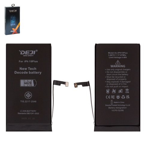 Batería Deji puede usarse con Apple iPhone 15 Plus, Li ion, 3.867 V, 4620 mAh, mayor capacidad, sin mensaje de error, decode battery