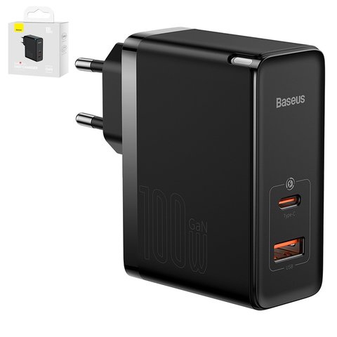 Мережевий зарядний пристрій Baseus GaN5 Pro, 100 Вт, Quick Charge, 220 В, чорний, з кабелем USB тип C до USB тип C, 2 порта, #CCGP090201